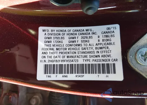 2015 Honda Civic Ex из США, поврежденный, VIN 2HGFB2F89FH554723